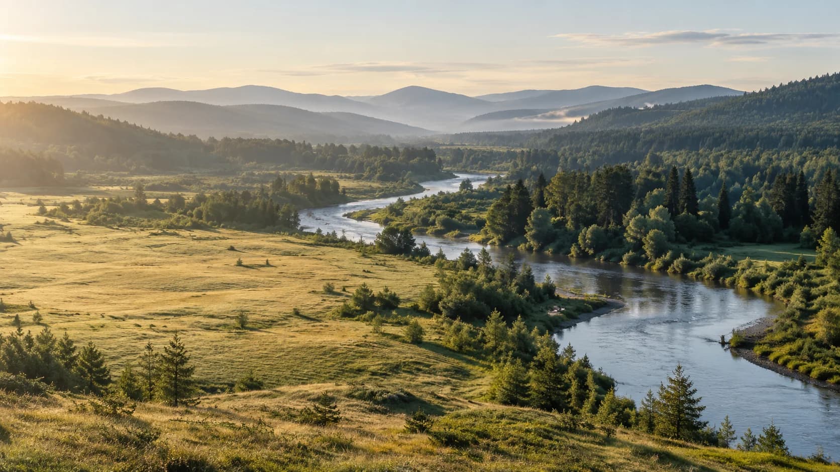 A winding river connecting sunlit meadows and forested hills